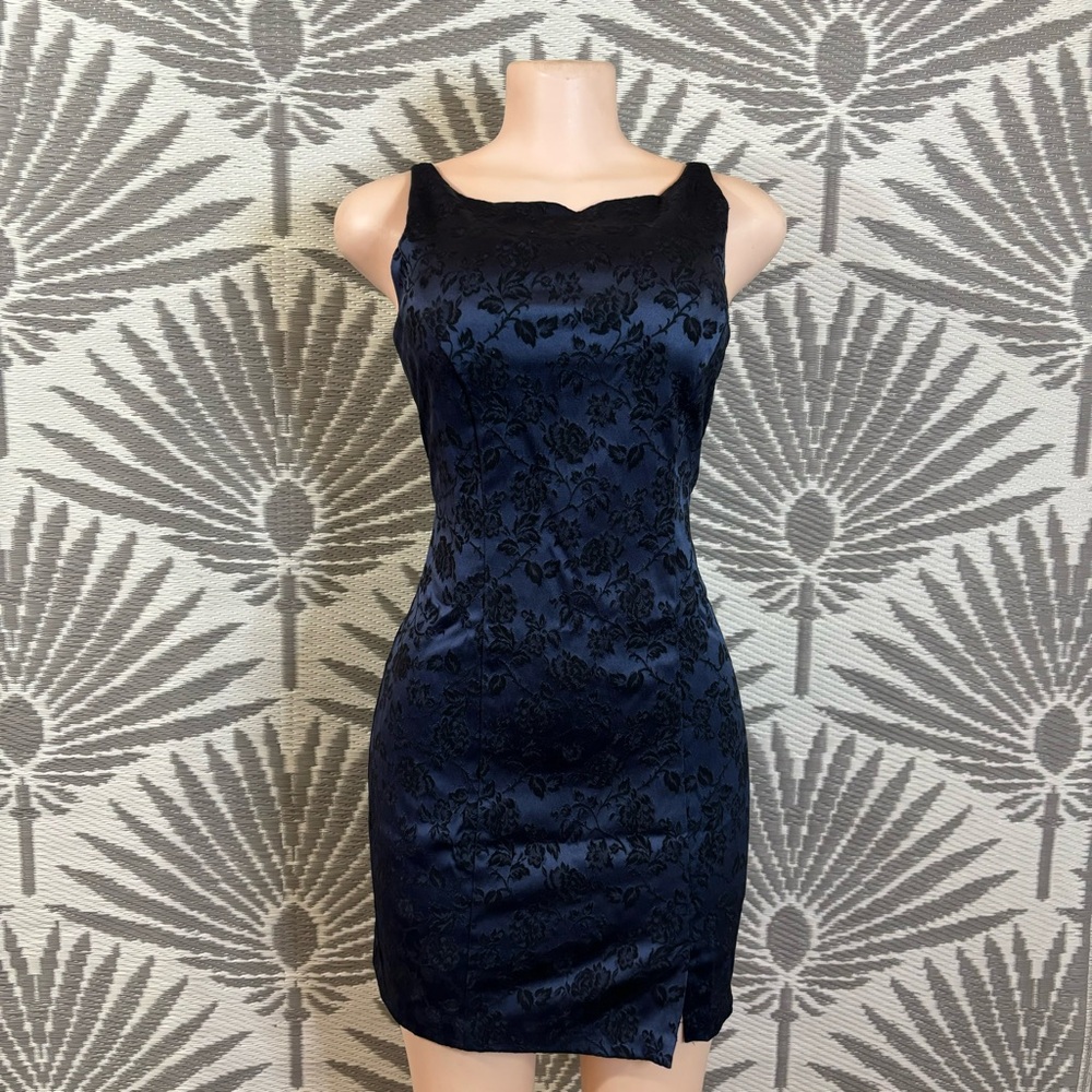 Vtg Floral Halter Mini Dress Jacquard Sleeveless Sz M Navy Blue Y2K 90s Prom